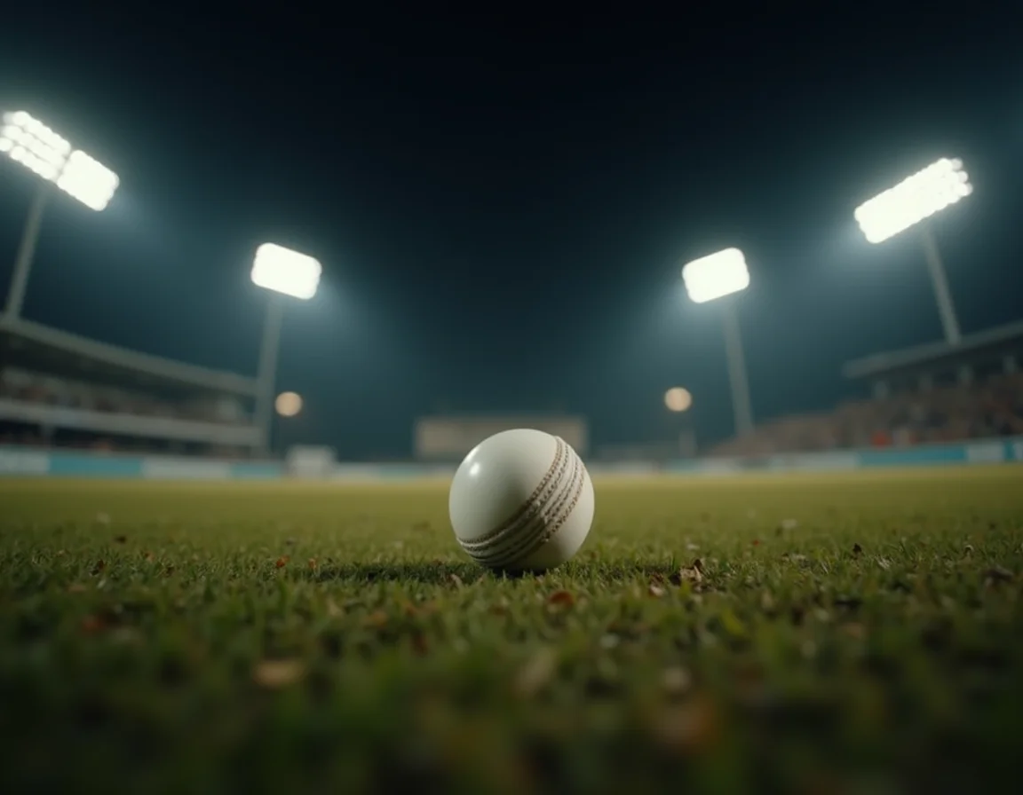 রাতের আলোয় ক্রিকেট স্টেডিয়াম, বাউন্সিং বল ও ব্যাটের কোলাজ